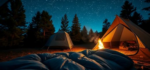 a campsite with two tents, sleeping bag and a campfire at night